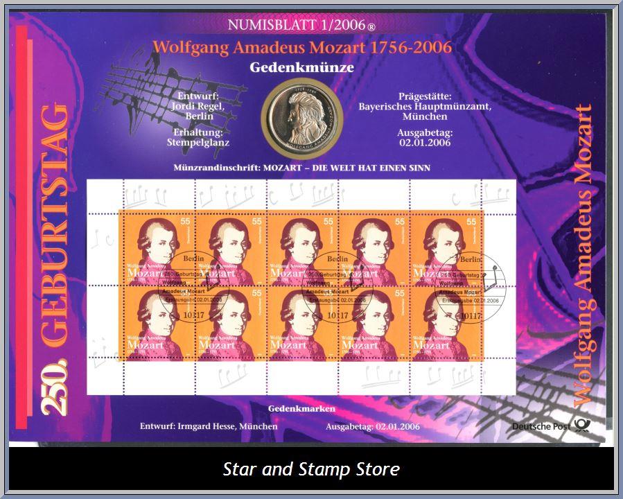 Bund | Mi 2512 i stämplat sammantryck + 10 Euros minnesmynt avseende 250 år sedan Mozarts födelse. - Bild 2