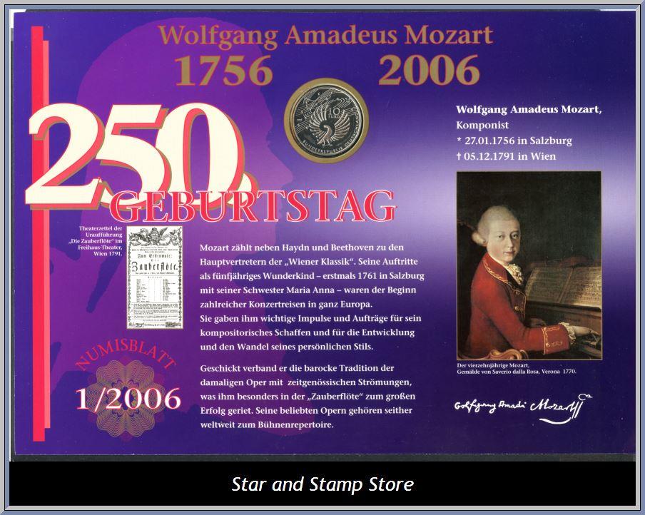 Bund | Mi 2512 i stämplat sammantryck + 10 Euros minnesmynt avseende 250 år sedan Mozarts födelse.